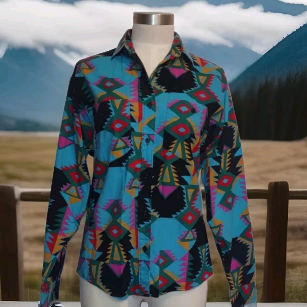 Frontier Series Western Aztec Cowgirl Button Up Shirt Size Medium Vintage